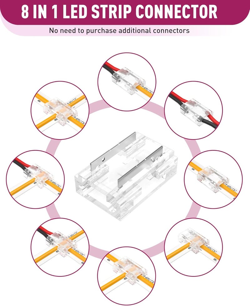 EMITEVER ​ 8-in-1 LED Strip Connectors 12pcs, 2 Pin 10mm COB Tape Lights Terminal Connectors 8 Types Solderless Transparent Connection for​ 5V 12V 24V（Straight, Corner, Strip to Strip, Strip to Wire） - Image 2